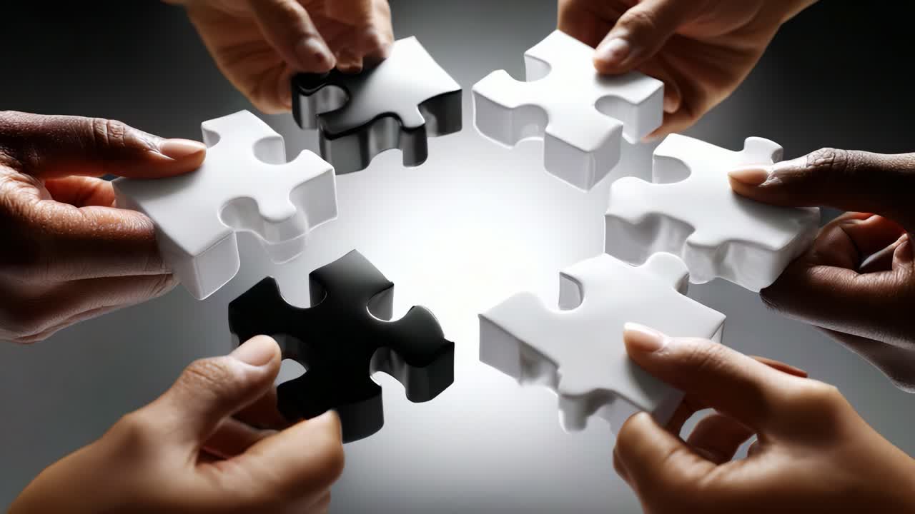 Collective Puzzle Assembly: Hands Collaborating to Fit Interlocking Black and White Pieces Together, Symbolizing Unity, Teamwork, and Problem-Solving in a Creative Environment
