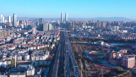 Avenue-City-highway-crossroad-traffic-flow-landscape-sunrise-morning-scene-near-small-lake-river,-Time-Lapse-Heavy-traffics-jam-cars-flowing-at-open-hour-business