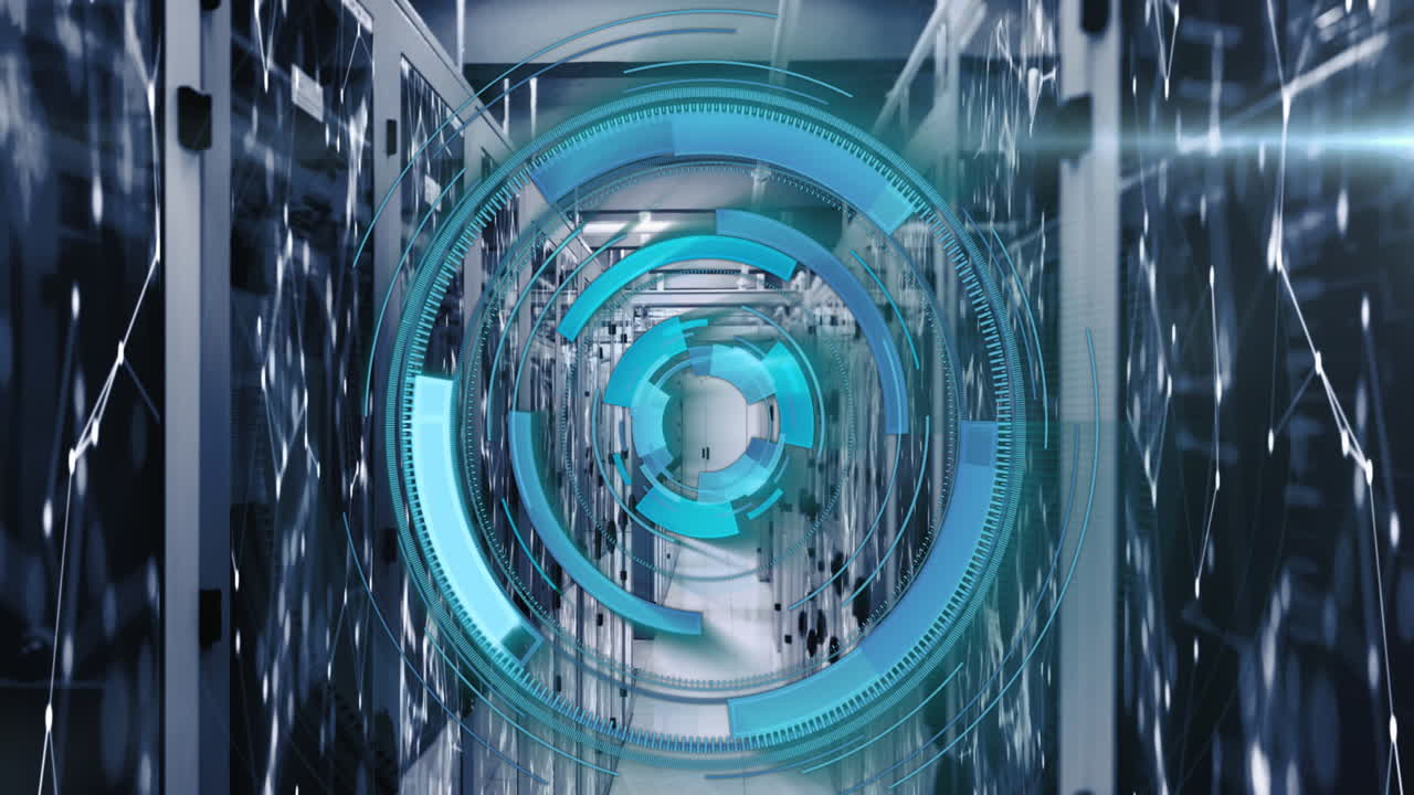 animazione di cerchi di carico su punti collegati su rack di server di dati nella sala server