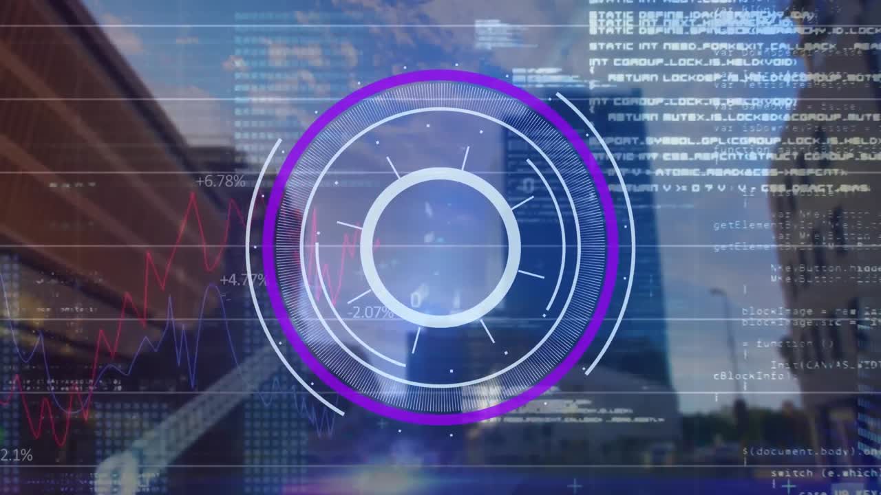 animación del escáner redondo y procesamiento de datos estadísticos contra el lapso de tiempo del tráfico urbano