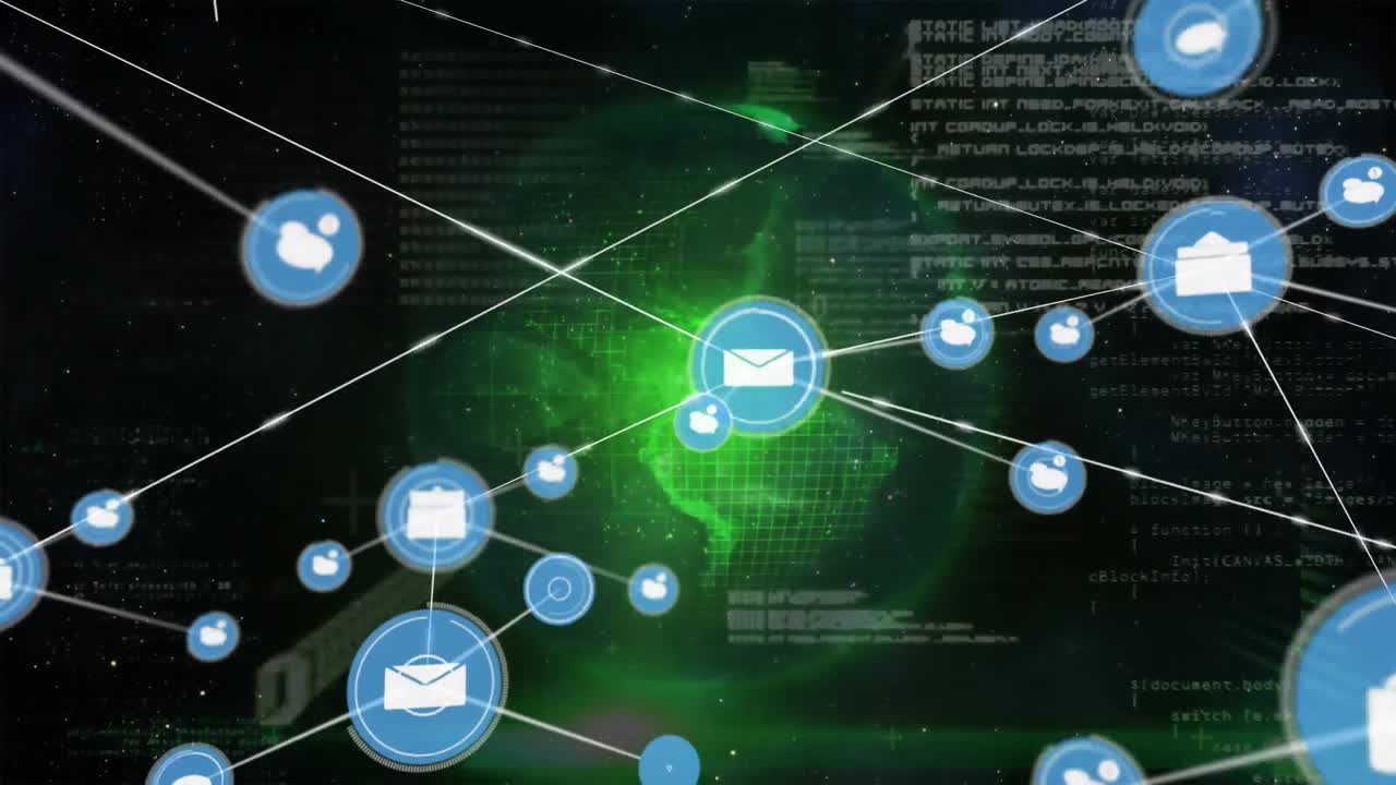 Animasjon av nettverk av digitale ikoner over roterende jordklode og databehandling