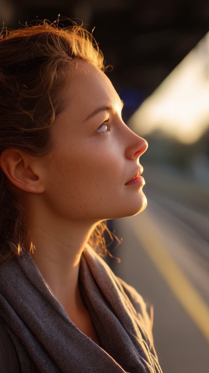 Captivating Profile of a Pensive Young Woman at Dusk, Reflecting on Life's Moments while Standing at a Train Station with Soft, Warm Lighting Enhancing Her Features
