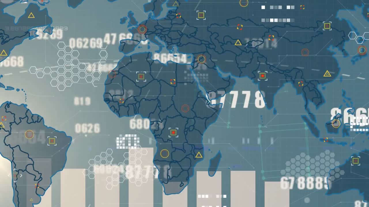 Animation of changing numbers and statistical data processing against world map on grey background