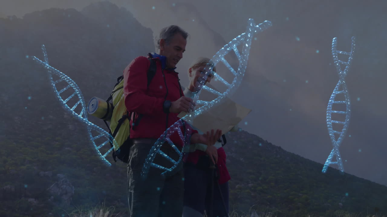 Hikers navigating map on alpine slope, with floating DNA helix graphics showing health tech