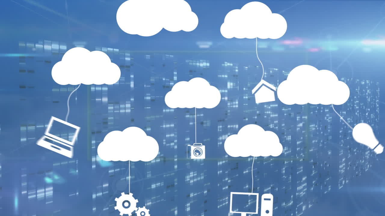 컴퓨터 서버에서 데이터 처리를 통해 전자 장치로 디지털 클라우드의 애니메이션