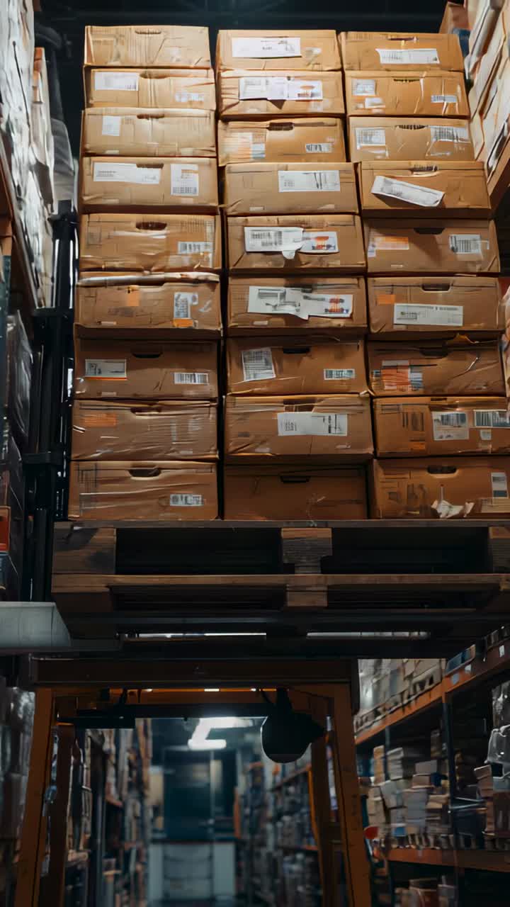 Vertical video: Lifting forklift placing boxes on pallet in racks in depot with labels for storage