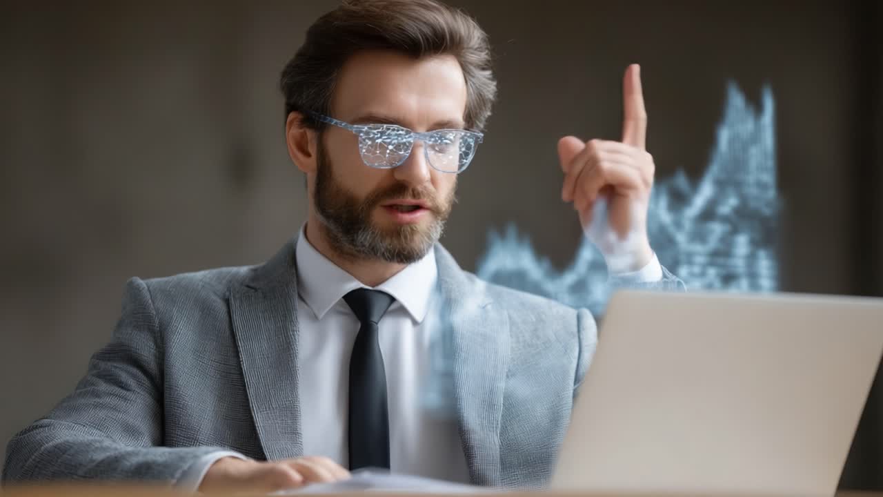A Professional Male in a Suit with Futuristic Glasses Engaging with Digital Data Visualizations While Working on a Laptop in a Modern Office Environment