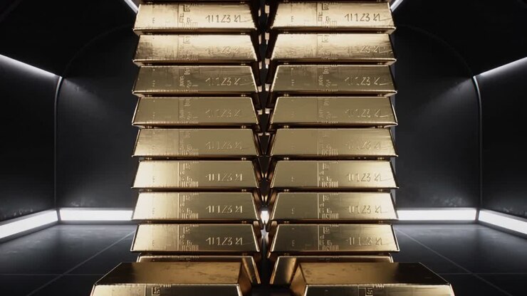 Moving camera approaching stacked gold bars in display chamber, revealing stamped serial markings