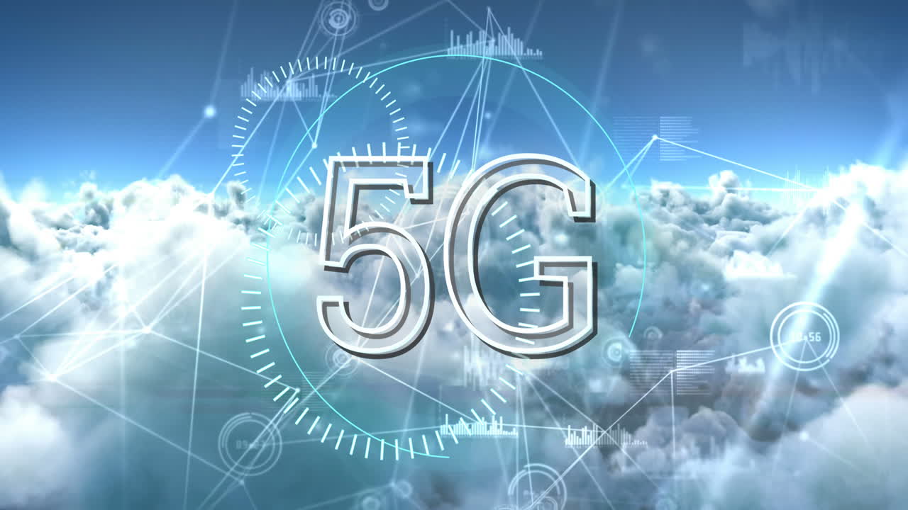 testo 5g sui cerchi e sulla rete di connessioni contro le nuvole nel cielo