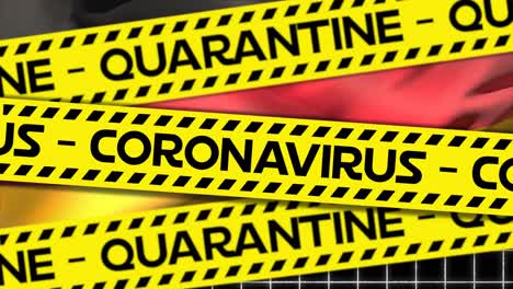 Animation-of-the-German-flag-over-yellow-stripes-with-QUARANTINE-and-CORONAVIRUS-written-on-it