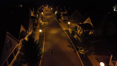 Quiet night with lighting lantern on street of new developed housing area in USA. Aerial forward wide shot. Tree-lined street in suburb. Porch and villa buildings in PA,USA.
