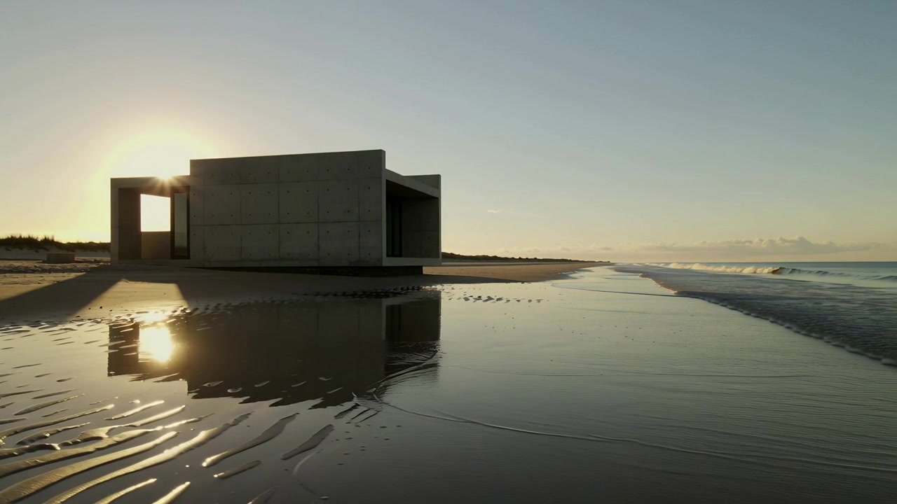 Standing concrete pavilion casting long shadow and reflecting rising sun over shallow tidal pool