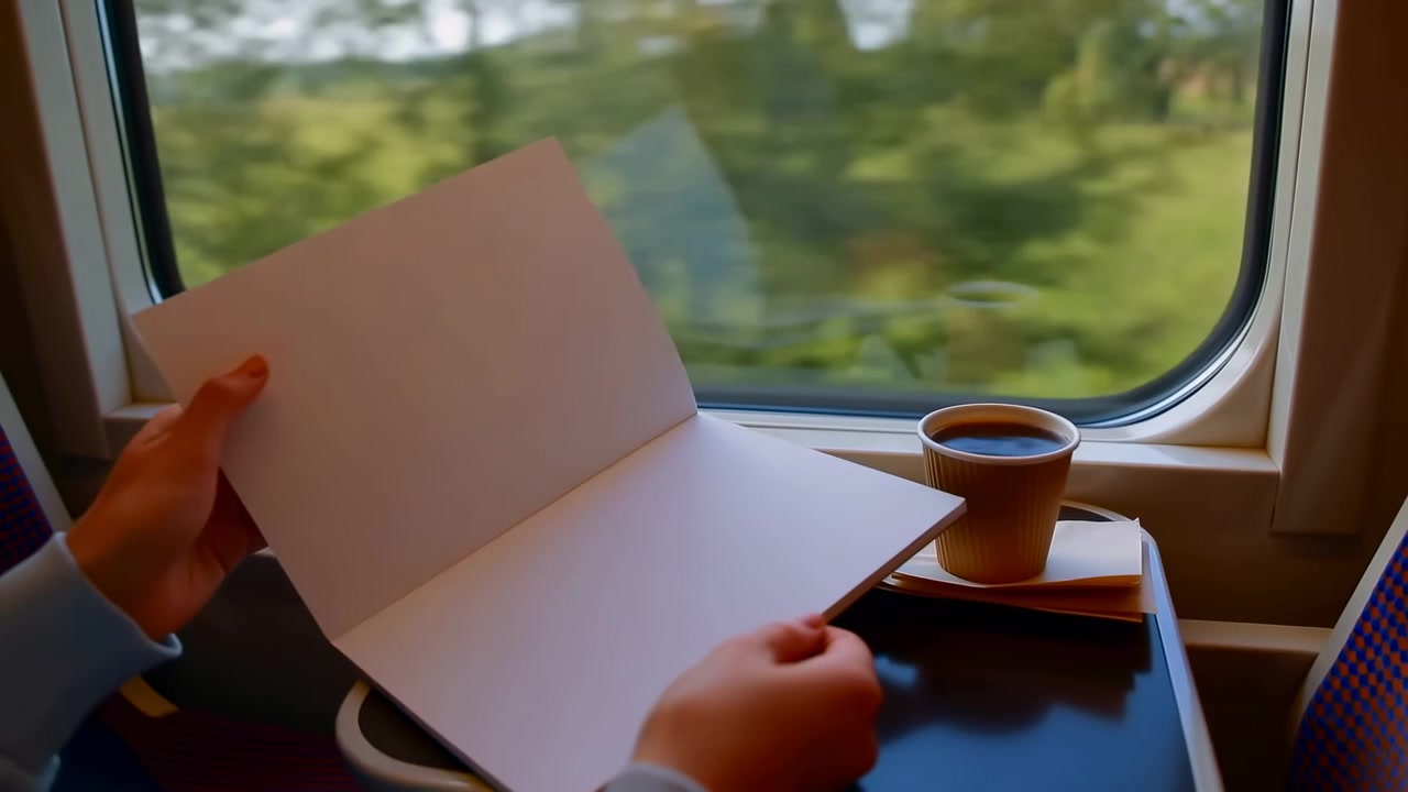 Mani che girano la carta vicino al finestrino del treno, caffè fumante su vassoio, campagna verde che sfuma via, passeggero