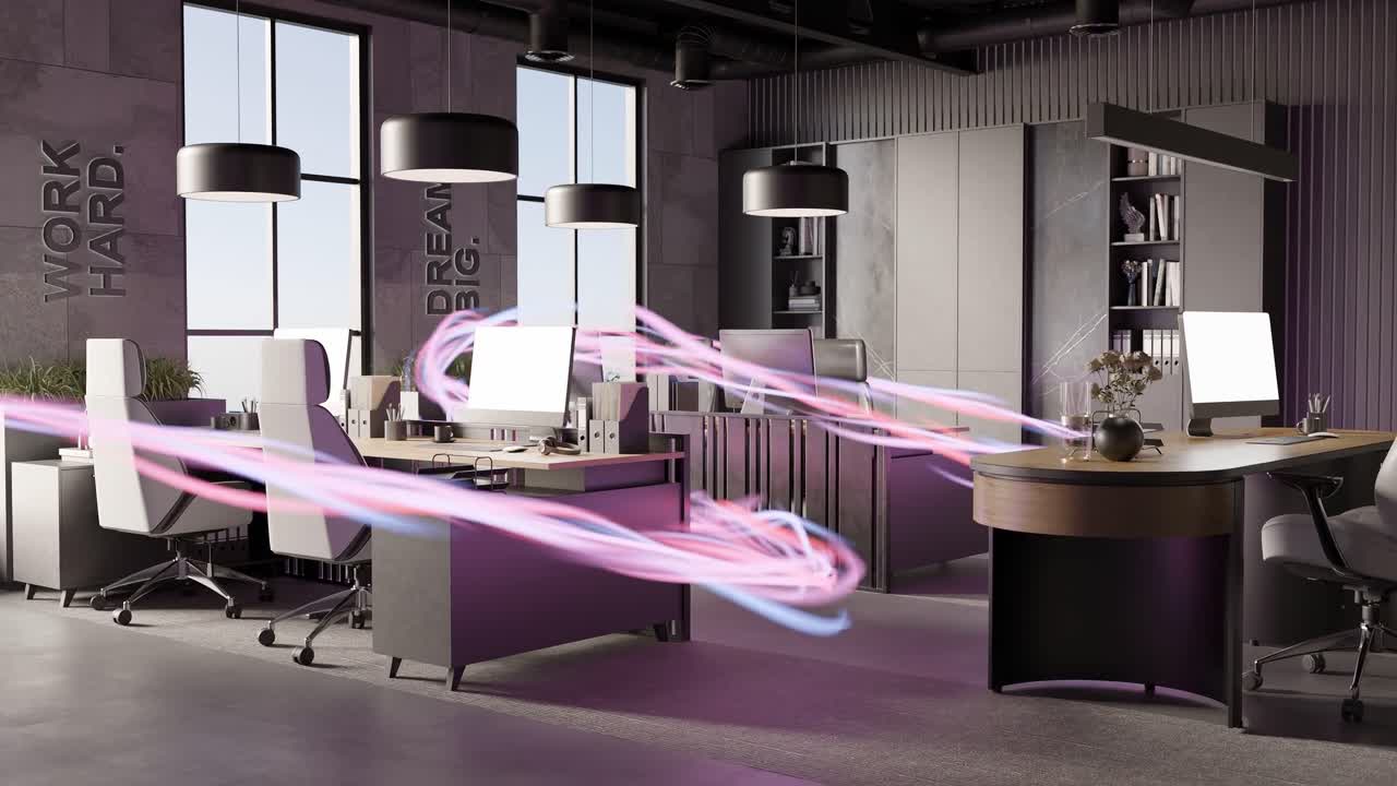 3d 렌더링 애니메이션으로 빈 노트북 데스크을 가진 현대적인 공동 작업 공간 사무실 회의실