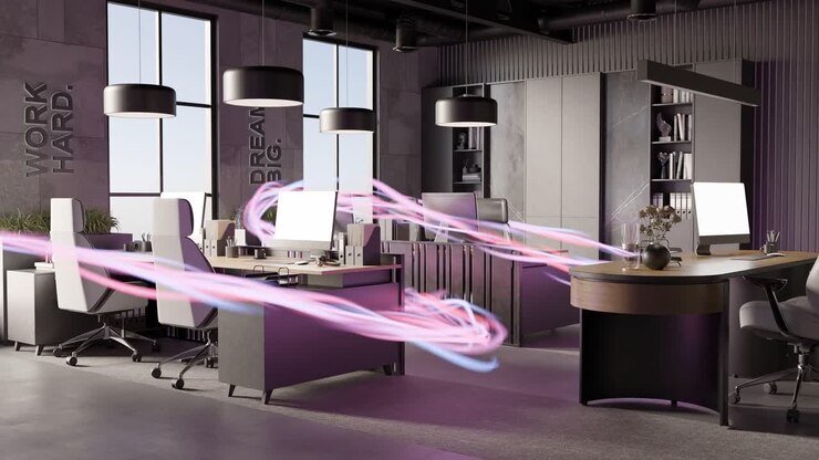 espaço de trabalho moderno escritório sala de conferências com desktop portátil vazio animação de renderização 3d