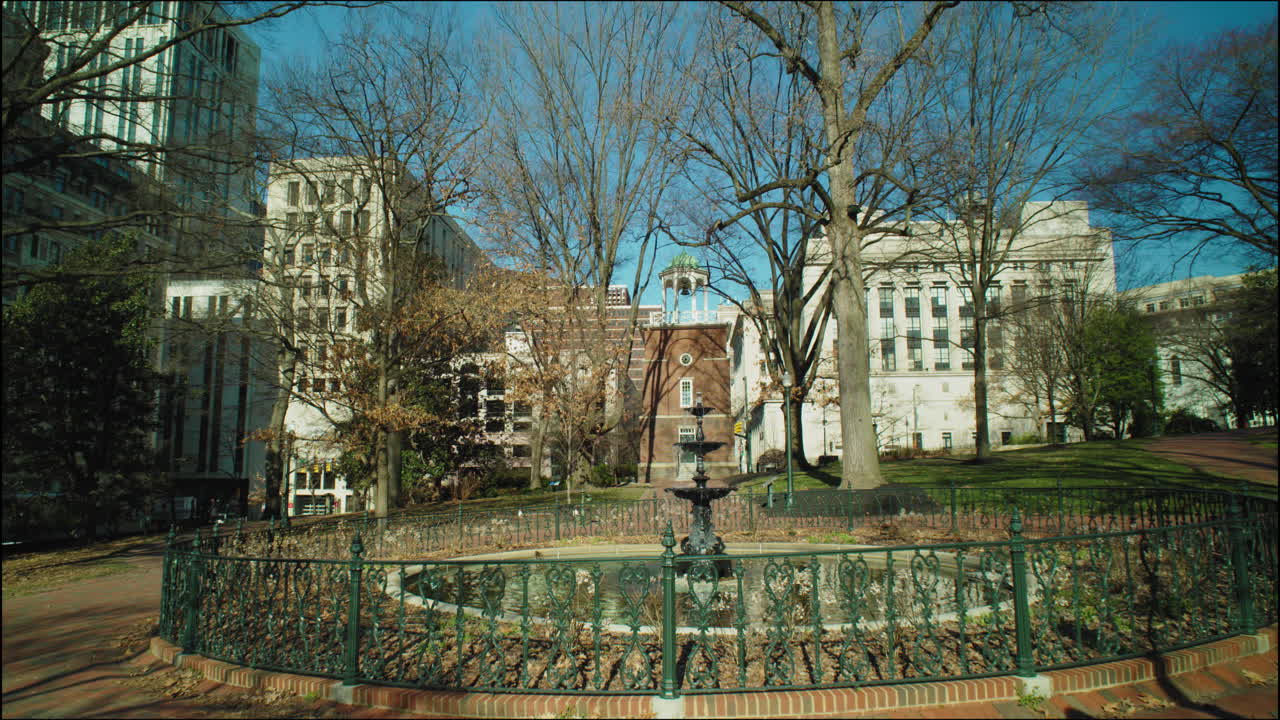 Gimbal Shot of a fountain outside of the State Capitol in Richmond, Virginia