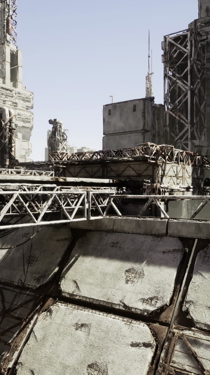 Urban exploration in a futuristic industrial landscape under clear skies