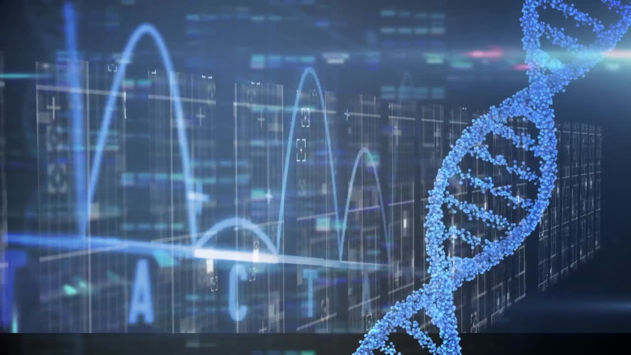 dna 가닥의 애니메이션, 데이터 처리 및 검은색 배경에 움직이는 기둥 위의 빛 흔적