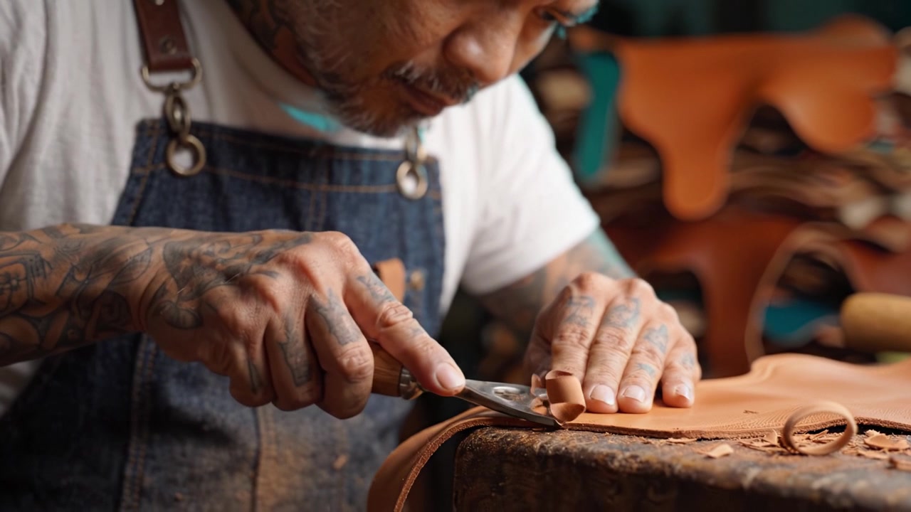 Craftsman Skillfully Working with Leather, Showcasing the Intricacies of Artisan Techniques and Tools in a Vibrant Workshop Environment Focused on Handcrafted Excellence