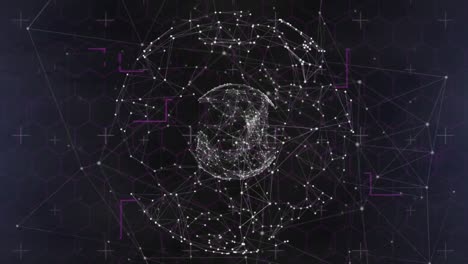 Globe-of-network-of-connections-spinning-against-hexagonal-shapes-on-purple-background