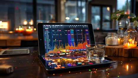 data analytics dashboard displayed on a tablet in a cozy coffee shop