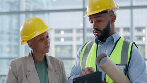 business woman, tablet and talking to architecture