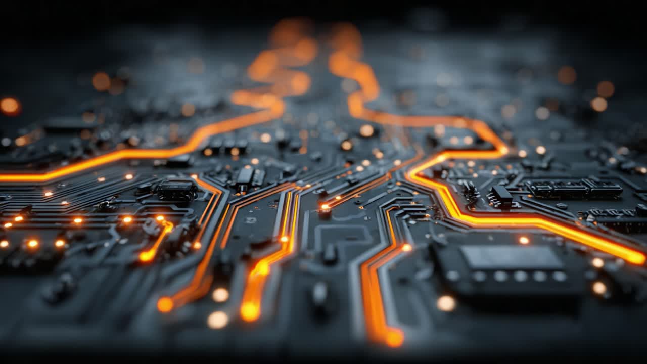 Intricate Close-Up of a Circuit Board Showing Vibrant Orange Paths, Illustrating the Complexity of Modern Electronics