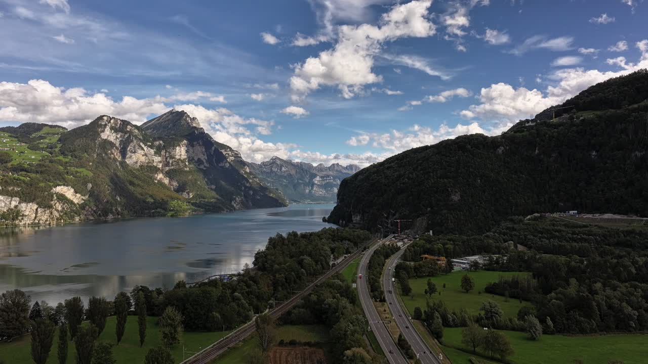 Drone view of mountains in the Walens, Wessen, Amden, Quinten, Mols, Walenstadt, Schweiz