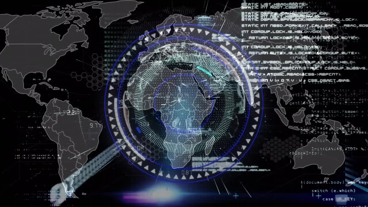 Animation of scope scanning over world map with data processing on black background