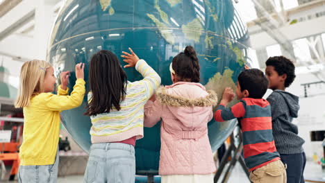 world, map and children learning with a globe