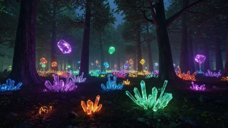 a mystical forest displaying vibrant crystals and luminous gems illuminating the enchanted woodland in a dreamlike atmosphere filled with colorful light