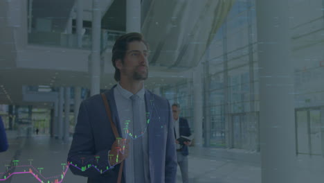 animación del procesamiento de datos financieros sobre el hombre de negocios en el aeropuerto