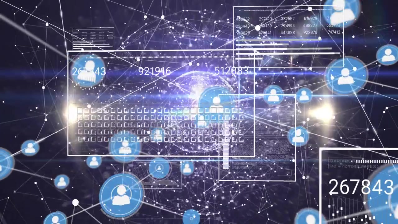 Elektrisk-lilla kugle udsender pulser, der aktiverer wireframes og avatarikoner, som glider ind og opdaterer data.