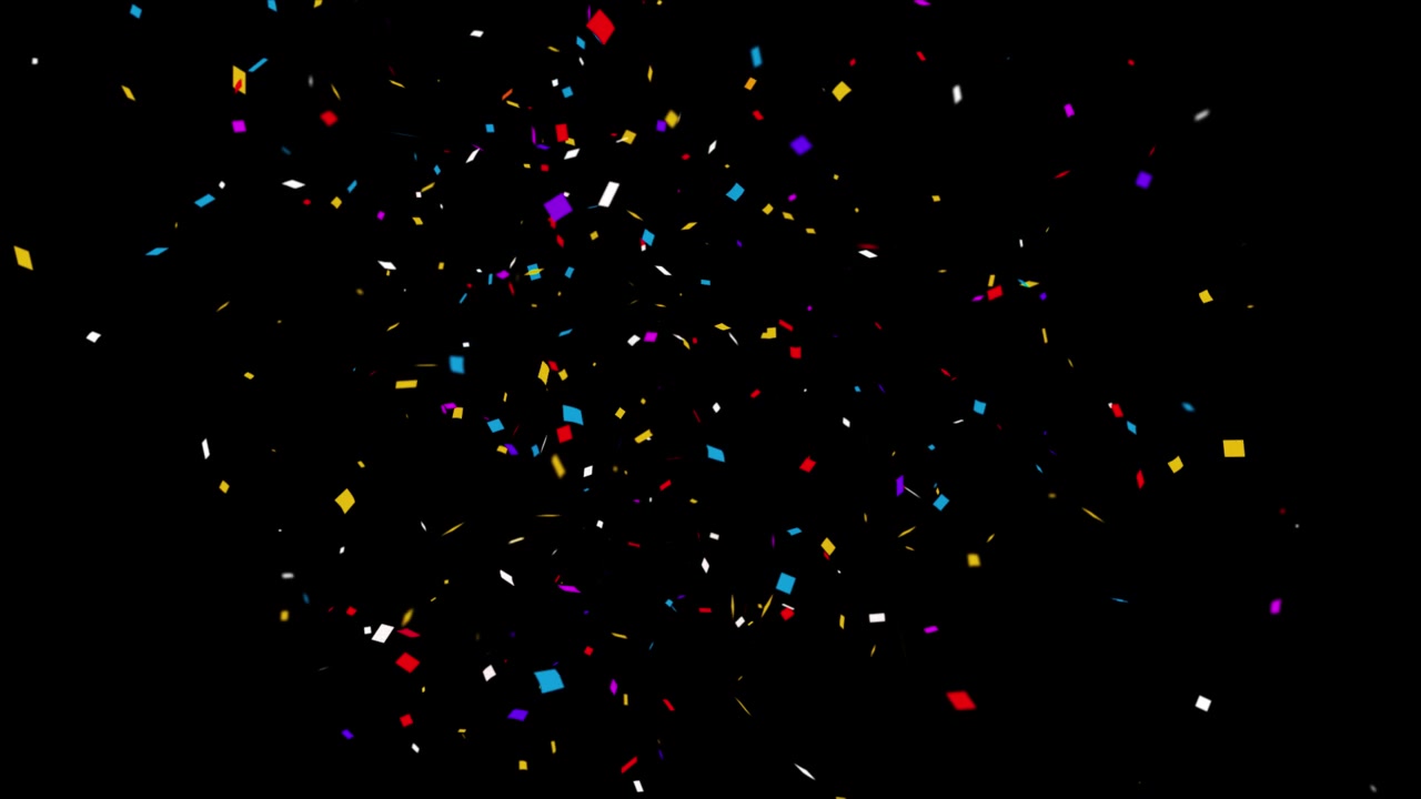 Animazione 4K di particelle di coriandoli colorati isolate, esplosioni di popper in caduta, canale alfa