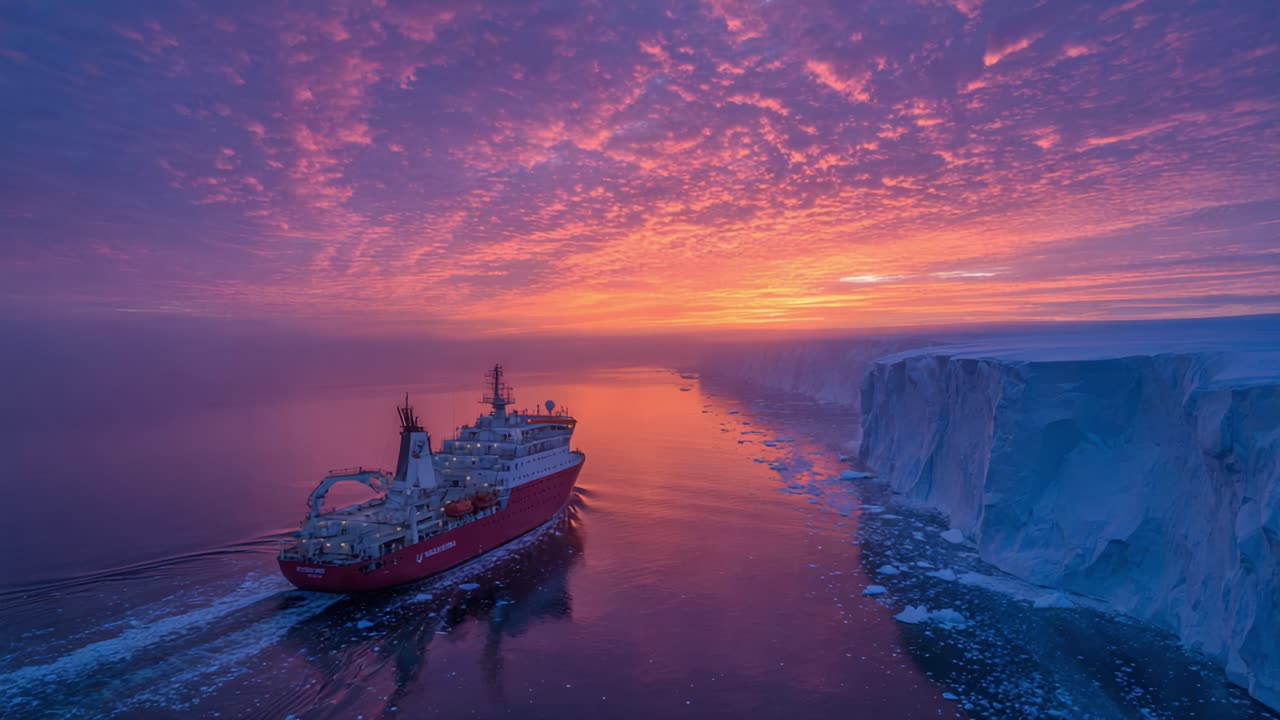 A Majestic Icebreaker Navigates Through Stunning Glacial Waters Under a Vibrant Sky, Capturing the Beauty of Nature at Dawn in a Frozen Landscape