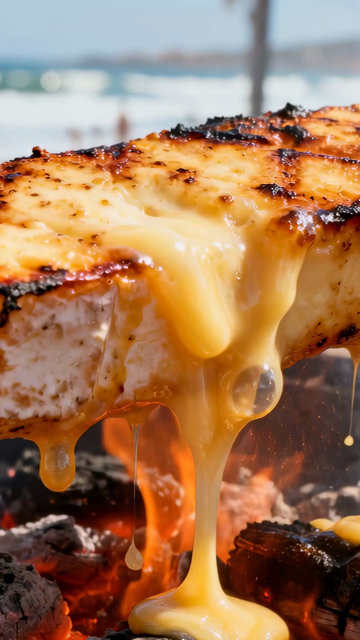 Vertical video: Heating thick cheese slab melting into long drips over glowing coals on beach grill