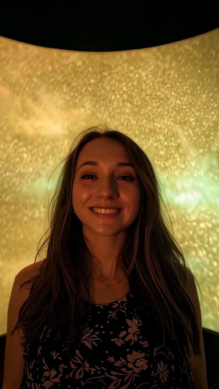 Video verticale: donna sorridente che reagisce al cambiamento di colore della cupola, con top floreale senza maniche e collana
