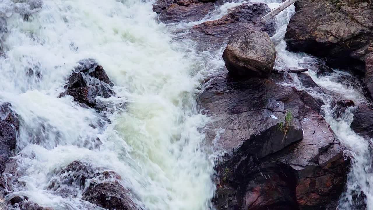 Cascata impetuosa attraverso un canyon montano roccioso in una località che ricorda il Parco Nazionale delle Montagne Rocciose, che cattura le pittoresche rapide, la foresta di conifere e la bellezza selvaggia della natura del Colorado