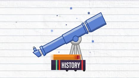 animación digital de una pila de libros contra el icono del telescopio contra el papel de línea blanca en el fondo