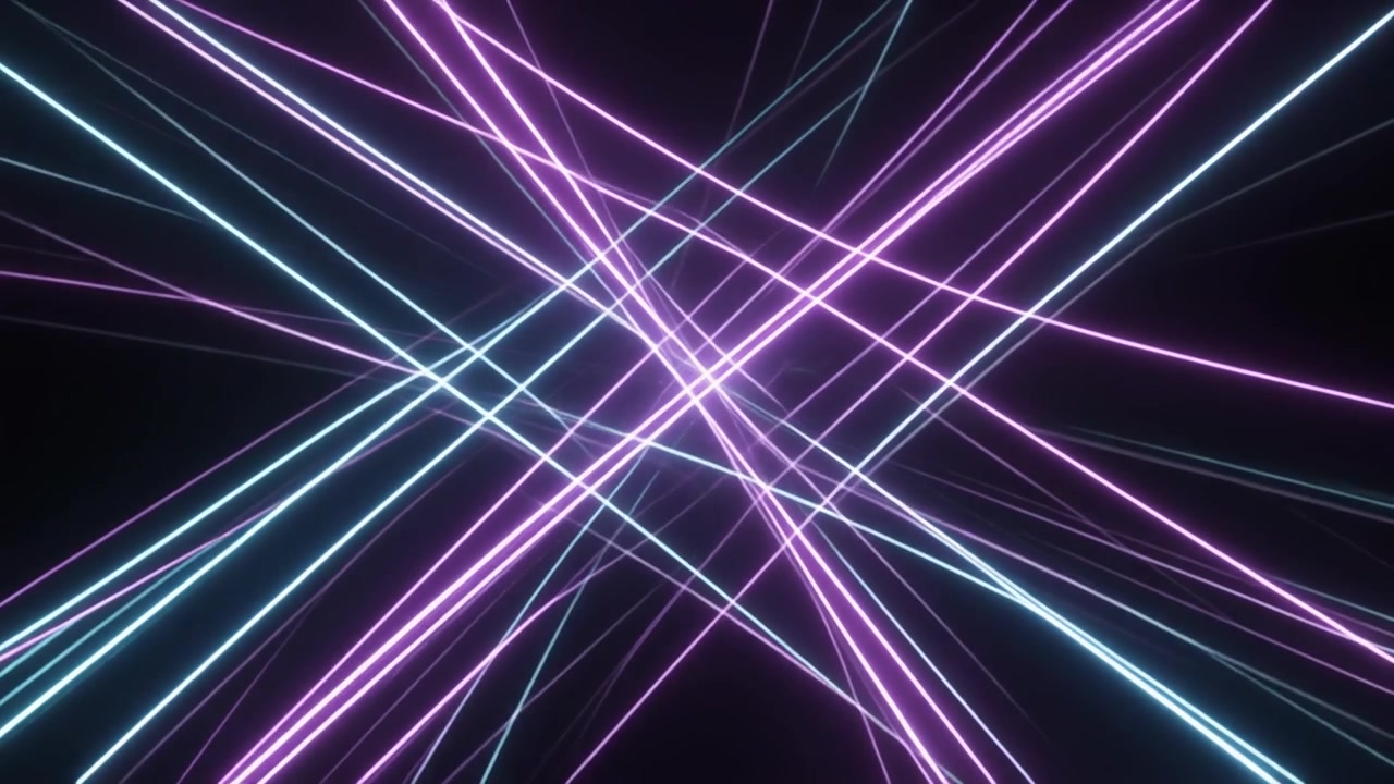 Strisce di luce neon astratte che si incrociano su sfondo nero