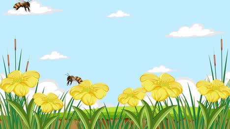 벌이 날아다니며 꽃과 상호 작용합니다.