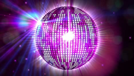 Digital-animation-of-shining-disco-ball-spinning-against-spots-of-light-against-purple-background