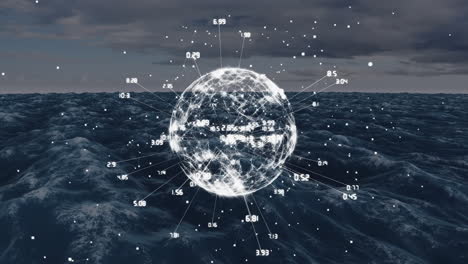 globo brillante con animación de puntos de datos sobre las olas del océano