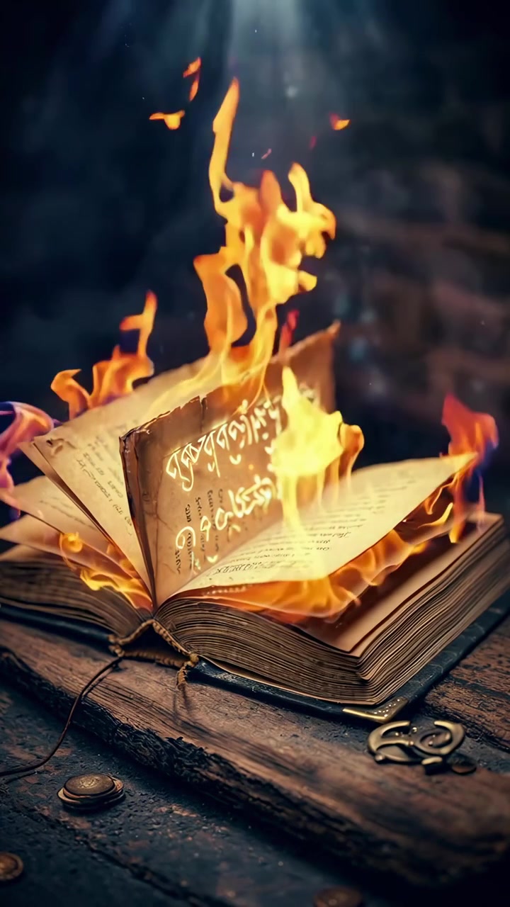 Libro antico mistico con pagine luminose che bruciano con fiamme magiche