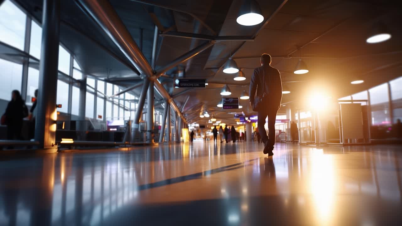 A solitary traveler walks through a modern airport terminal, illuminated by the soft glow of sunlight reflecting off polished floors and sleek architecture