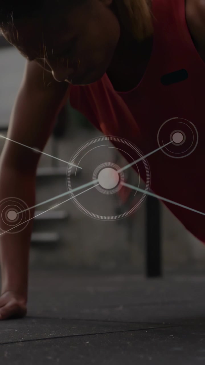 Woman pushing from low pushup, shifting into hop for fitness while node overlay tracking joints