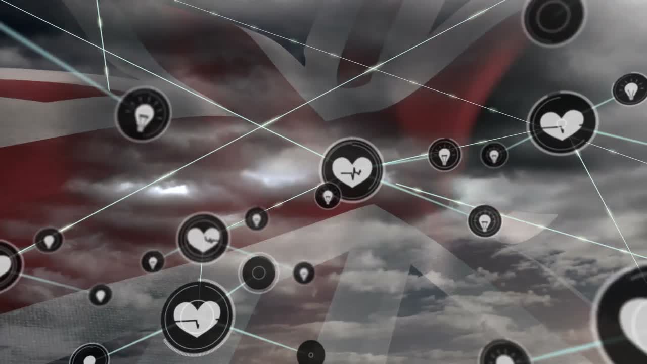 영국  ⁇ 발과 구름진 하늘 위의 연결 네트워크와 아이콘의 애니메이션