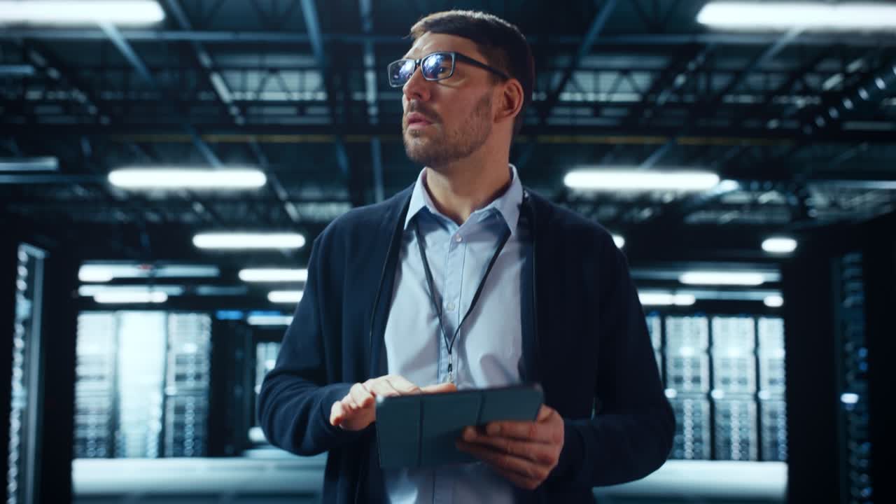 el especialista masculino camina entre filas de bastidores de servidores operativos en el centro de datos. el ingeniero utiliza una tableta para el mantenimiento. concepto de computación en nube, inteligencia artificial, ciberseguridad.