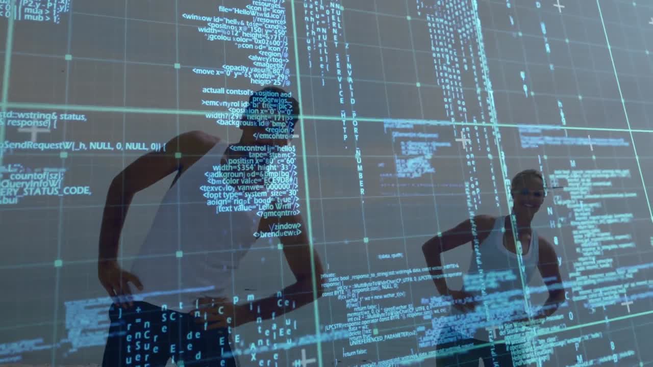 Animation of data on digital screen over caucasian man and woman practicing yoga on beach