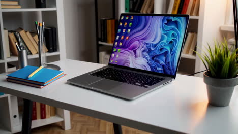 a modern laptop on a clean desk in a home office setting